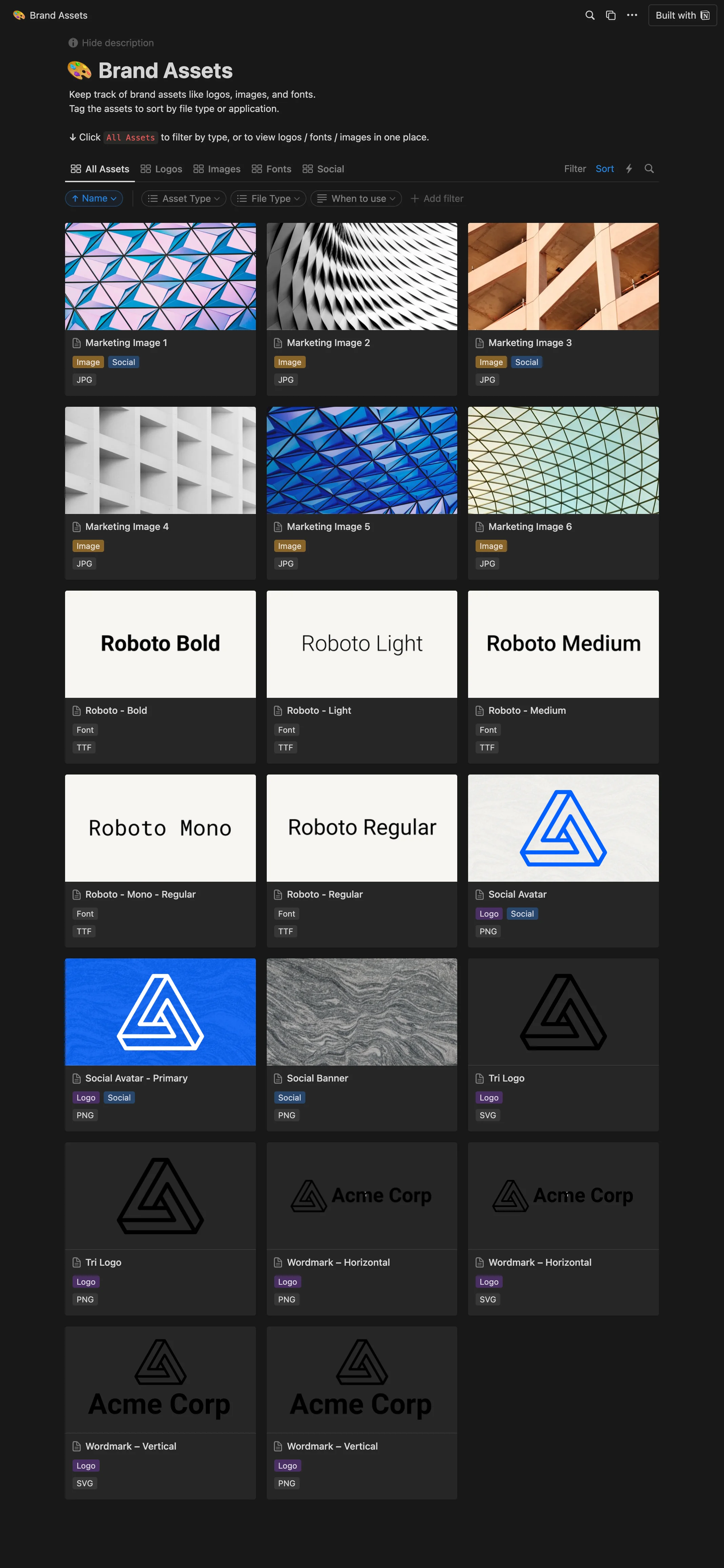 The Brand Assets Notion template, from top to bottom