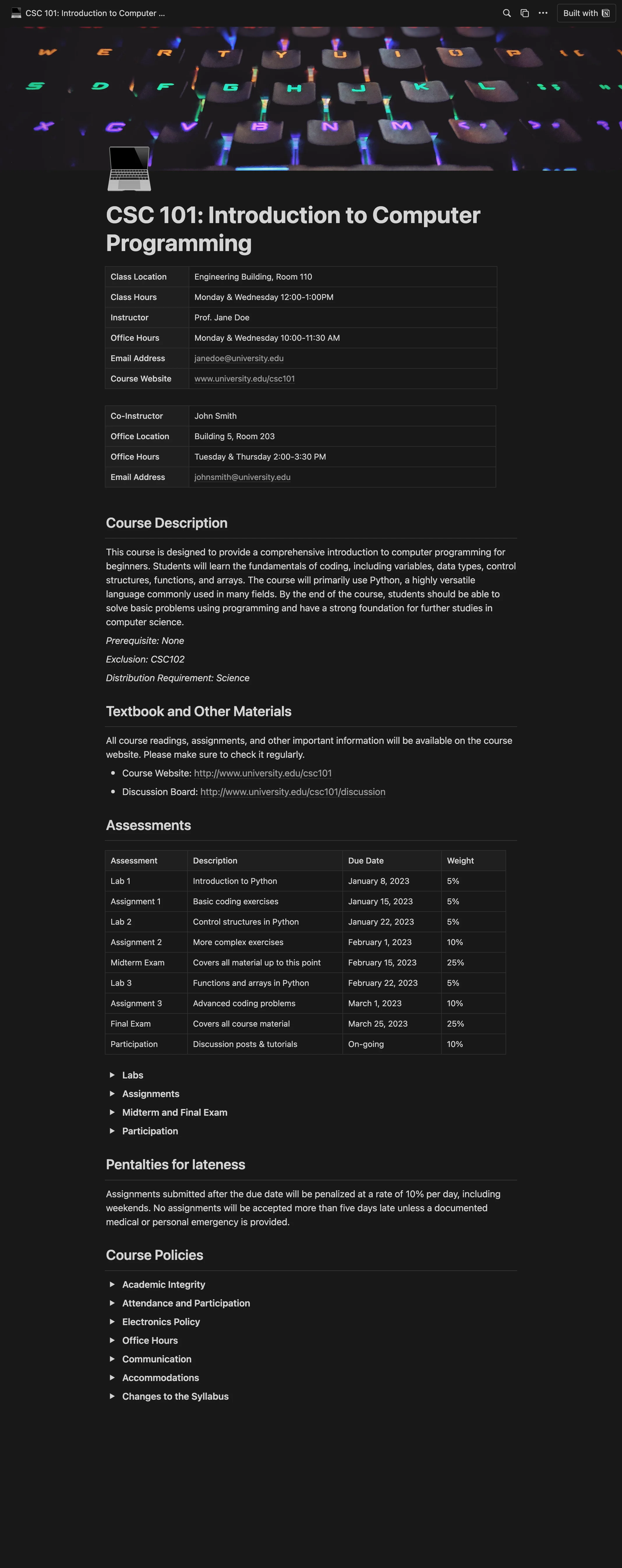 The College Syllabus Notion template, from top to bottom