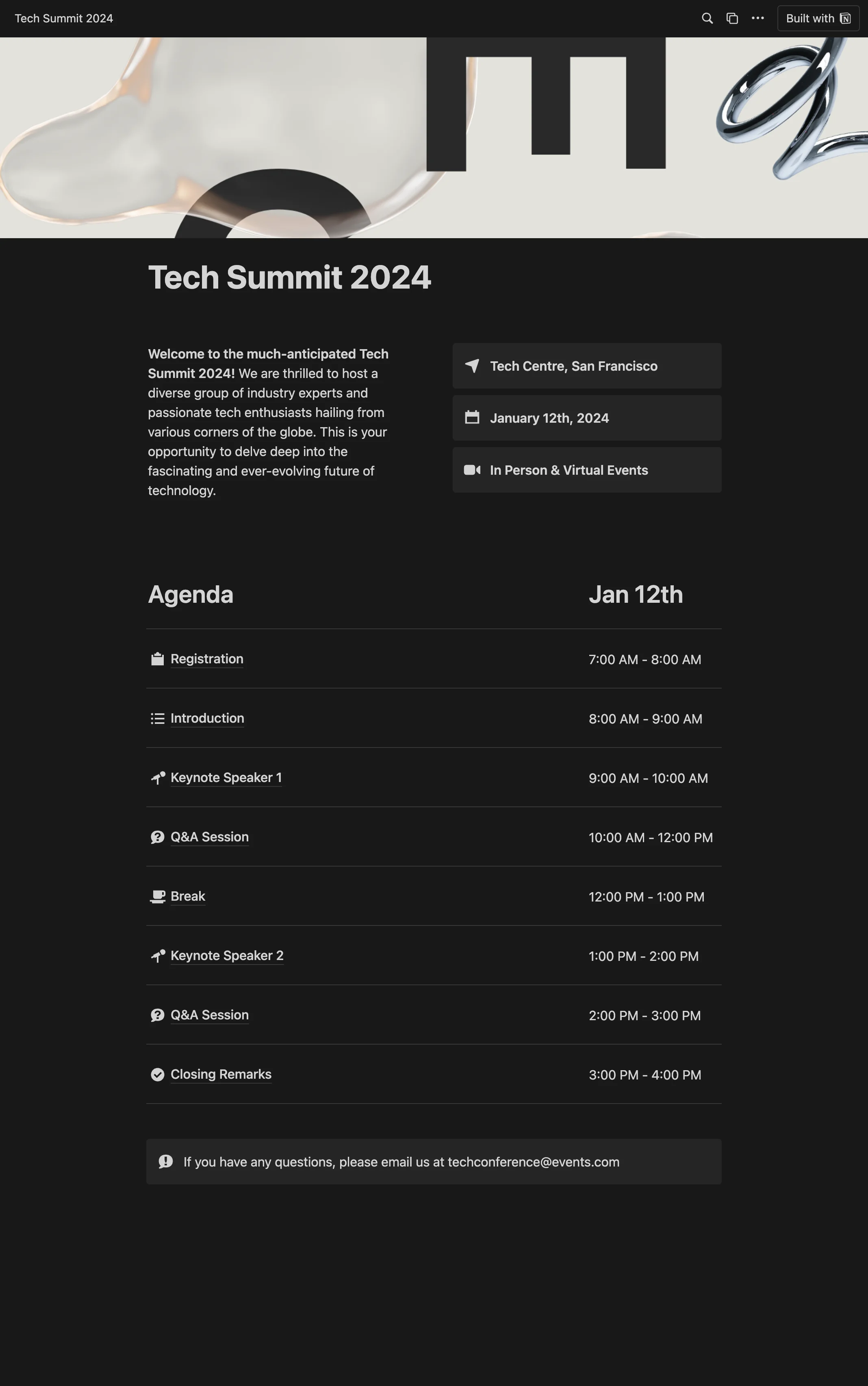 The Conference Event Page Notion template, from top to bottom