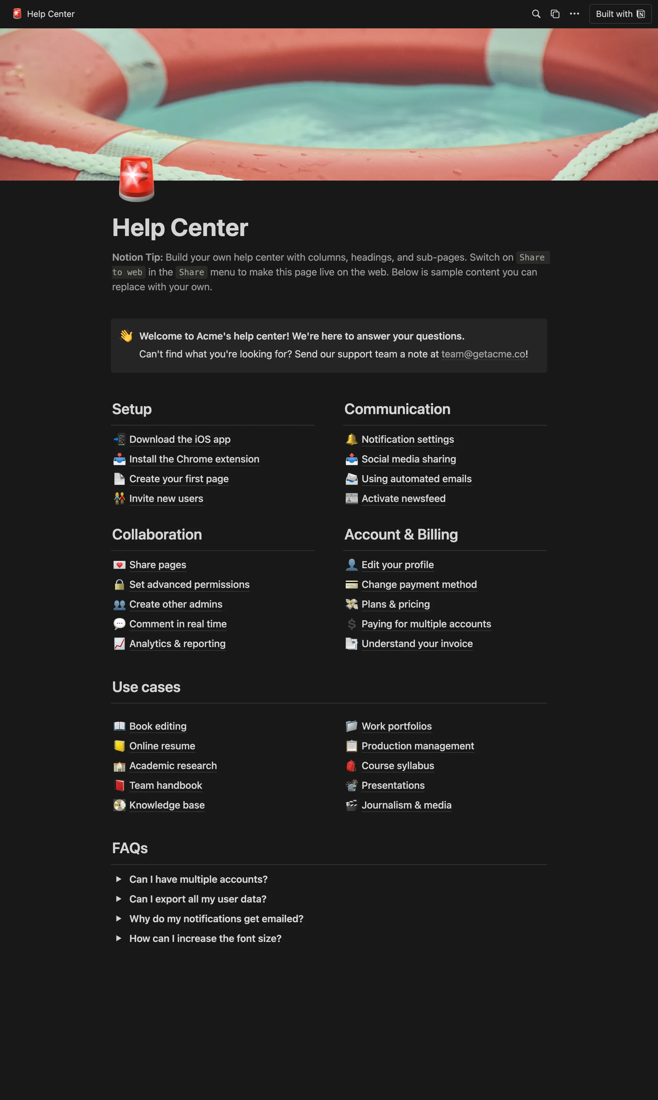 The Help Center Notion template, from top to bottom