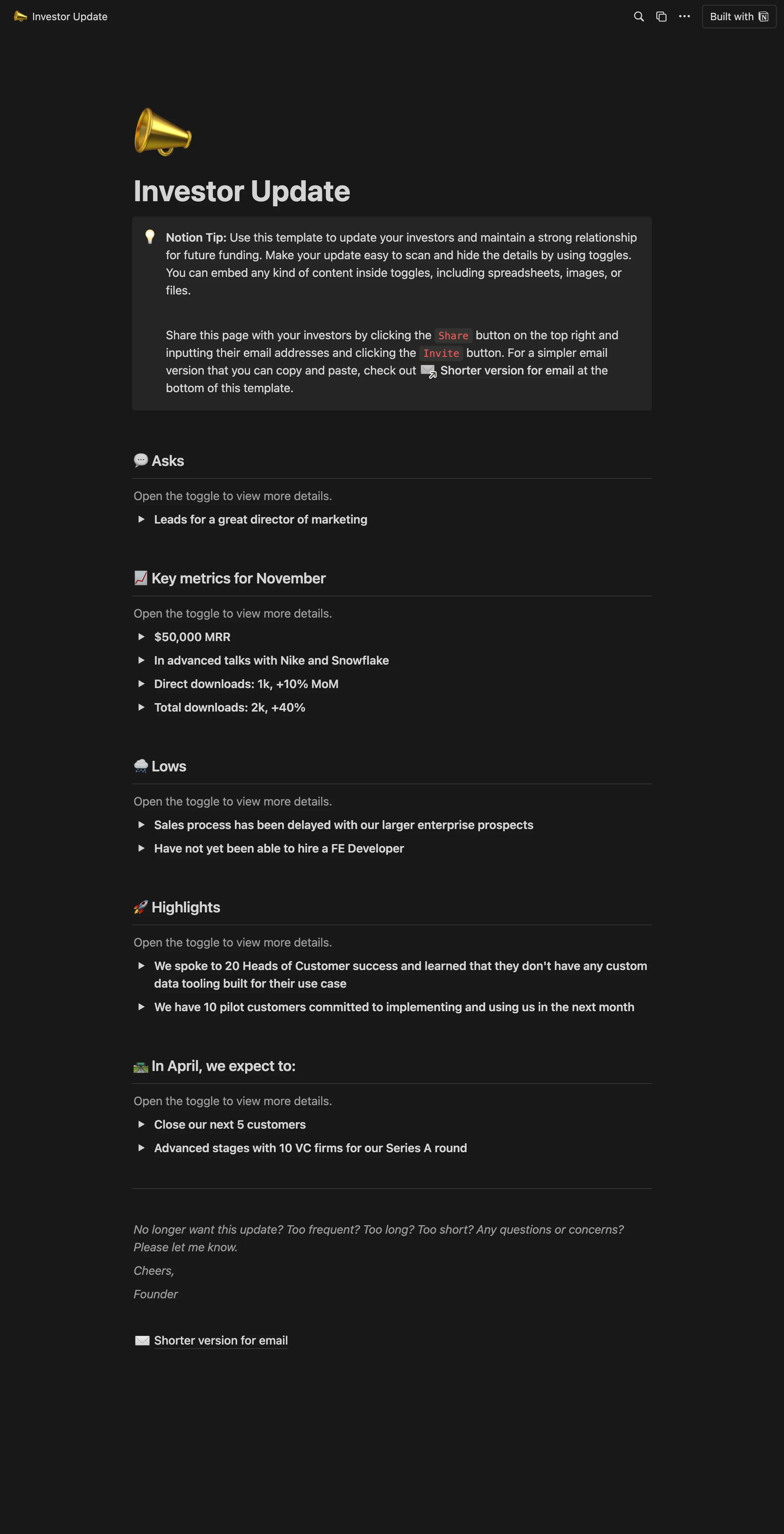 The Investor update Notion template, from top to bottom