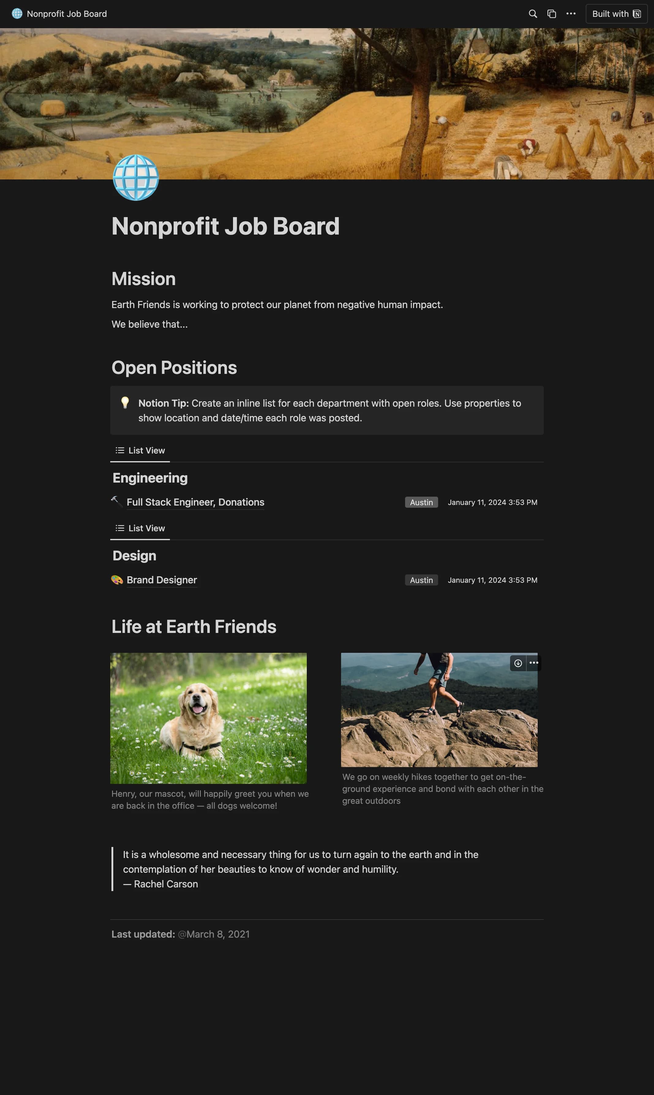 The Nonprofit job board Notion template, from top to bottom