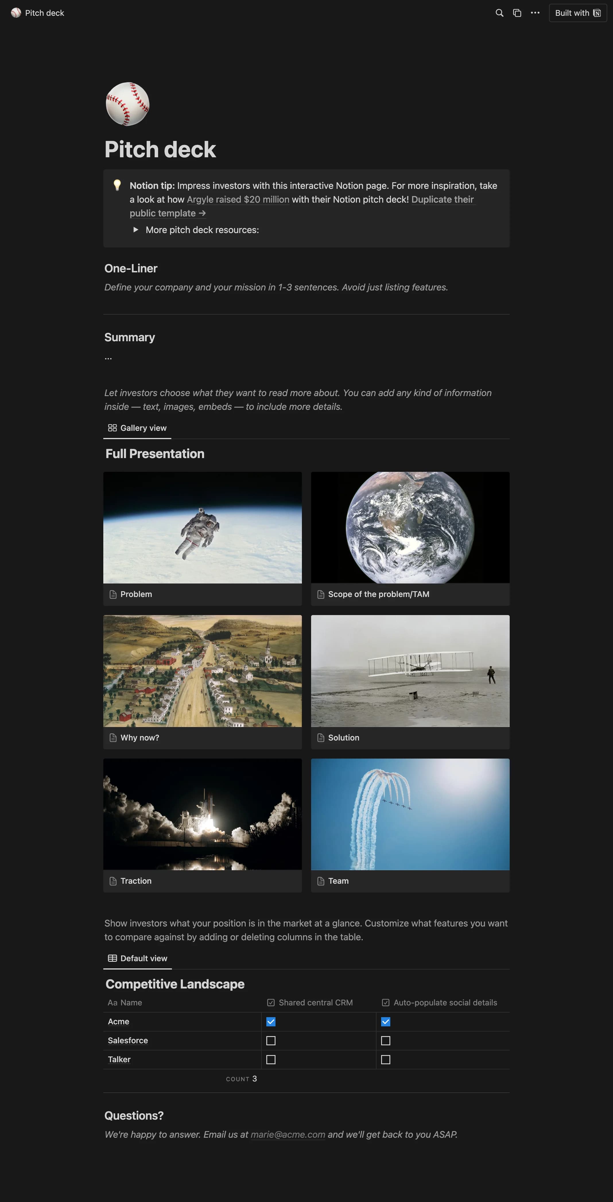 The Pitch Deck Notion template, from top to bottom