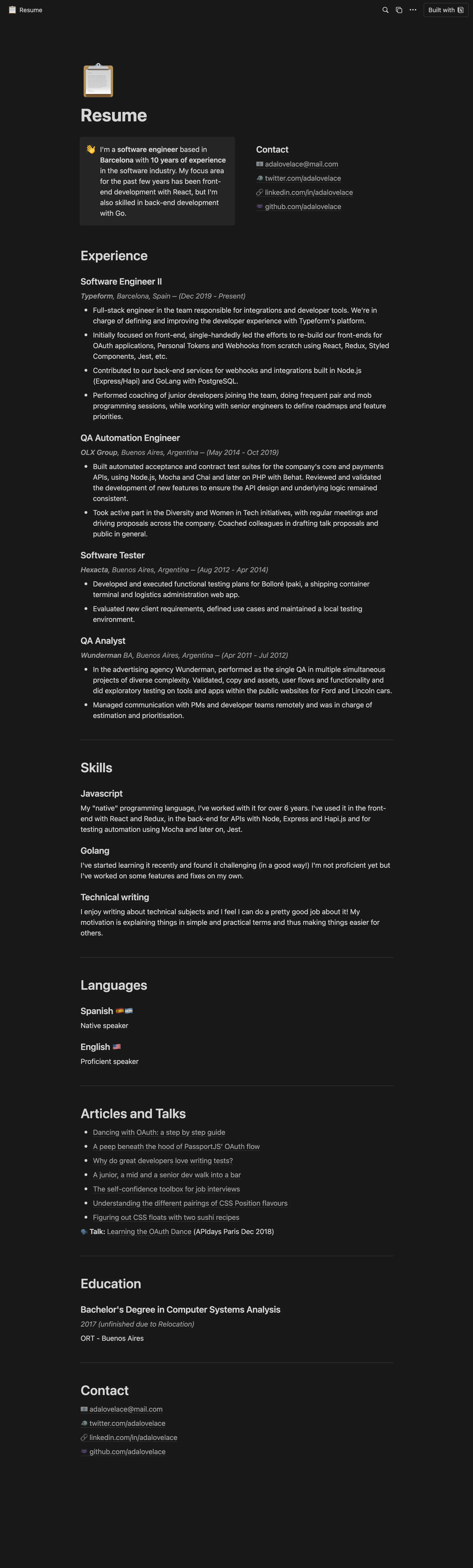 The Resume Notion template, from top to bottom