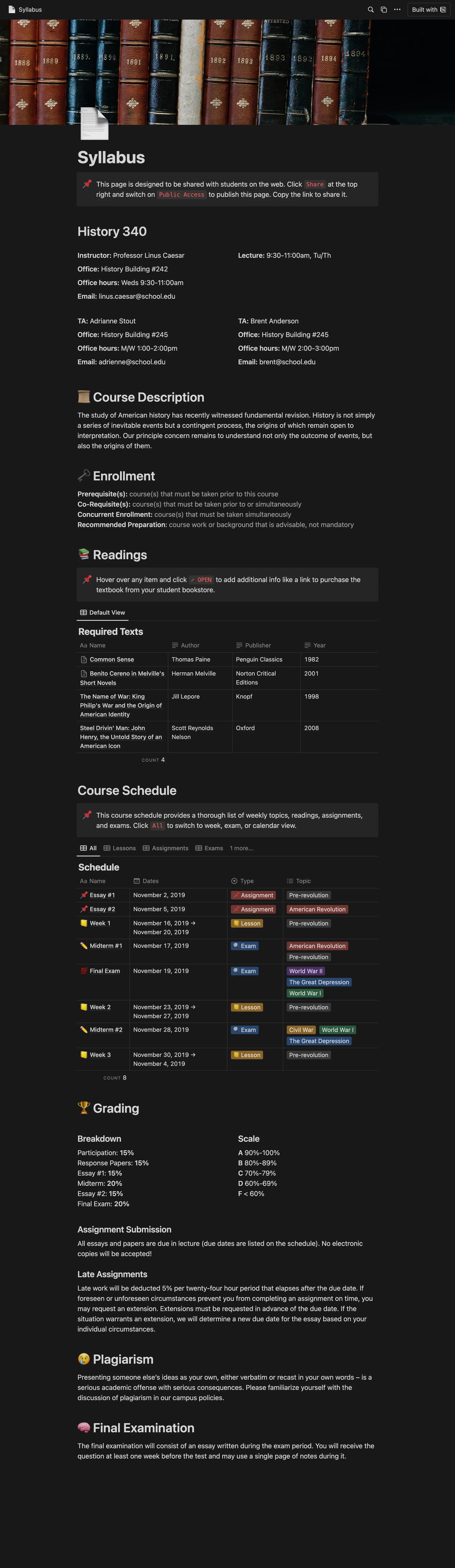 The Syllabus Notion template, from top to bottom