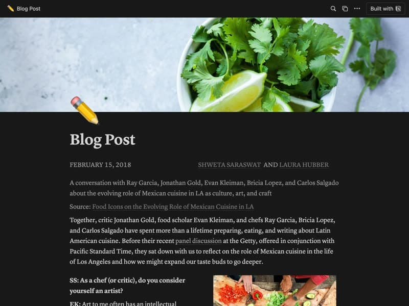 Preview of the Blog post Notion template
