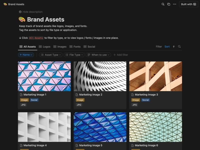 Preview of the Brand Assets Notion template