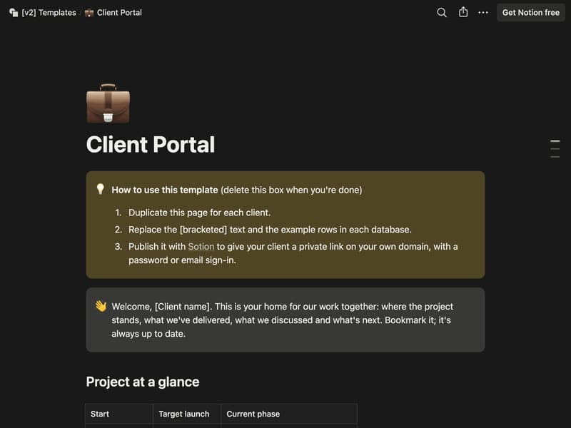 Preview of the Client Portal Notion template