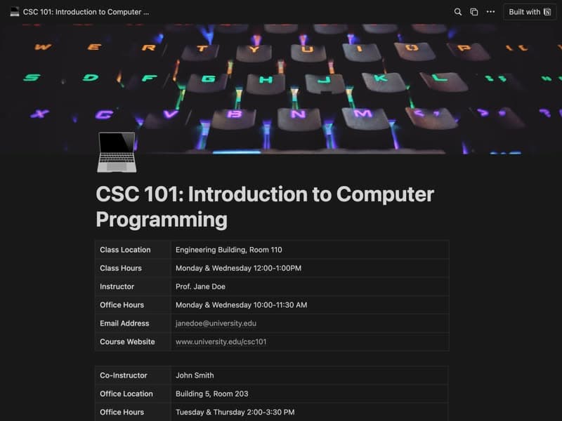 Preview of the College Syllabus Notion template