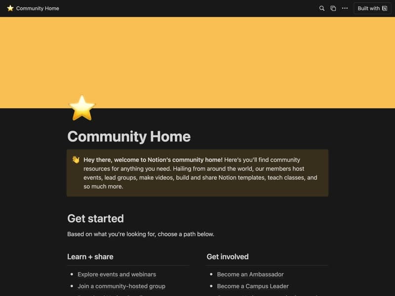 Preview of the Community home Notion template