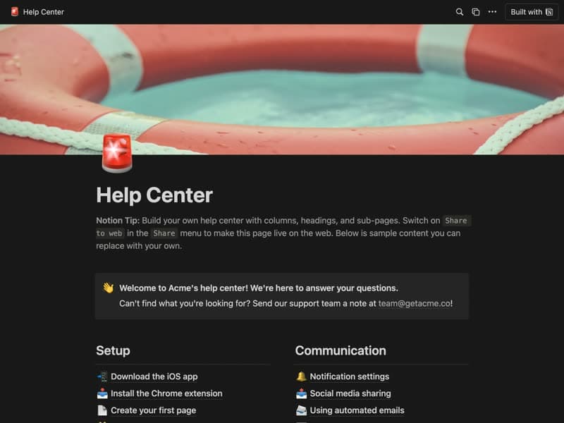 Preview of the Help Center Notion template