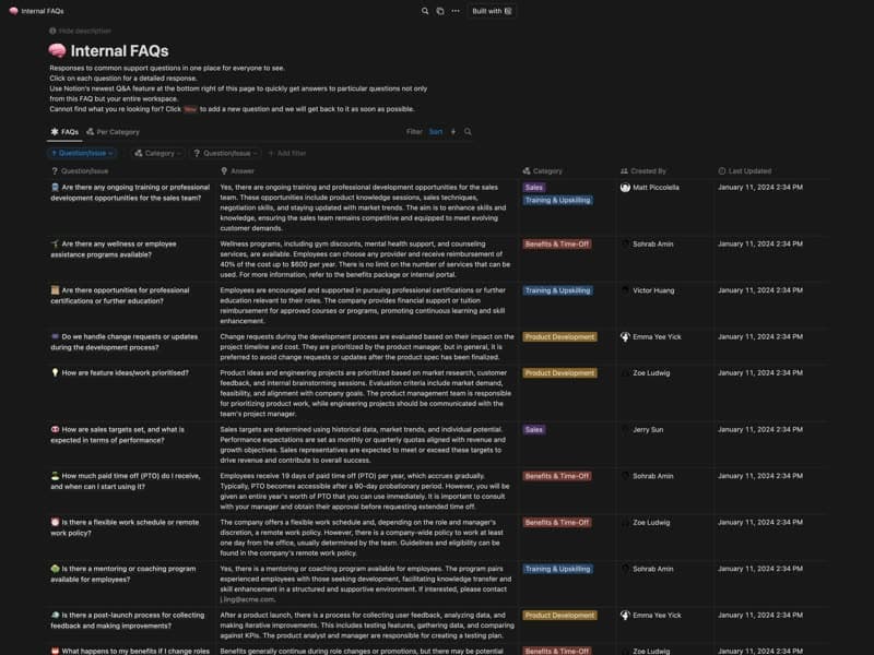 Preview of the Internal FAQs Notion template