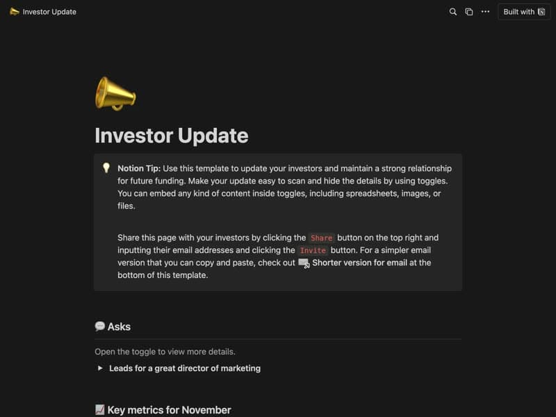 Preview of the Investor update Notion template