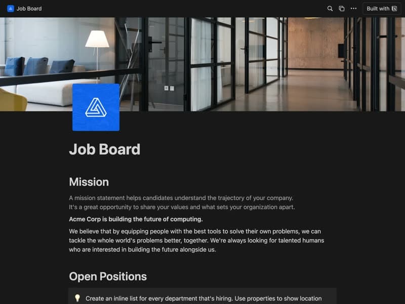 Preview of the Job board Notion template