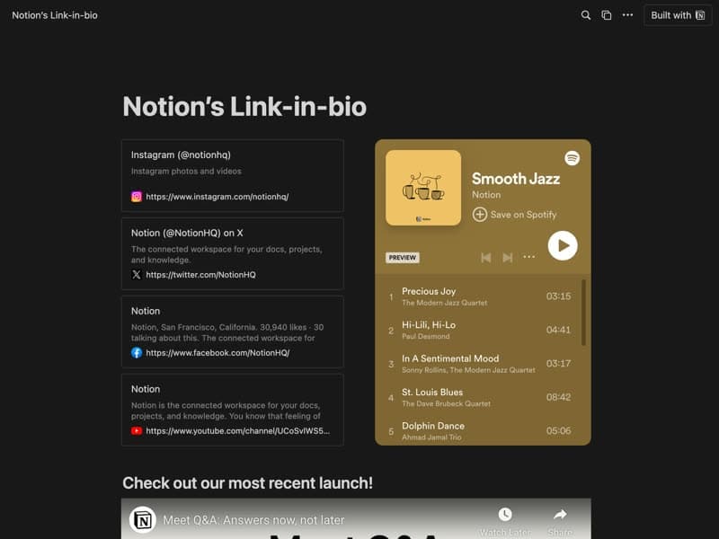 Preview of the Link in Bio Notion template