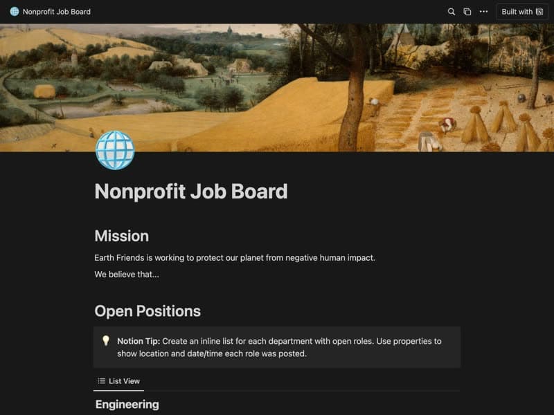 Preview of the Nonprofit job board Notion template