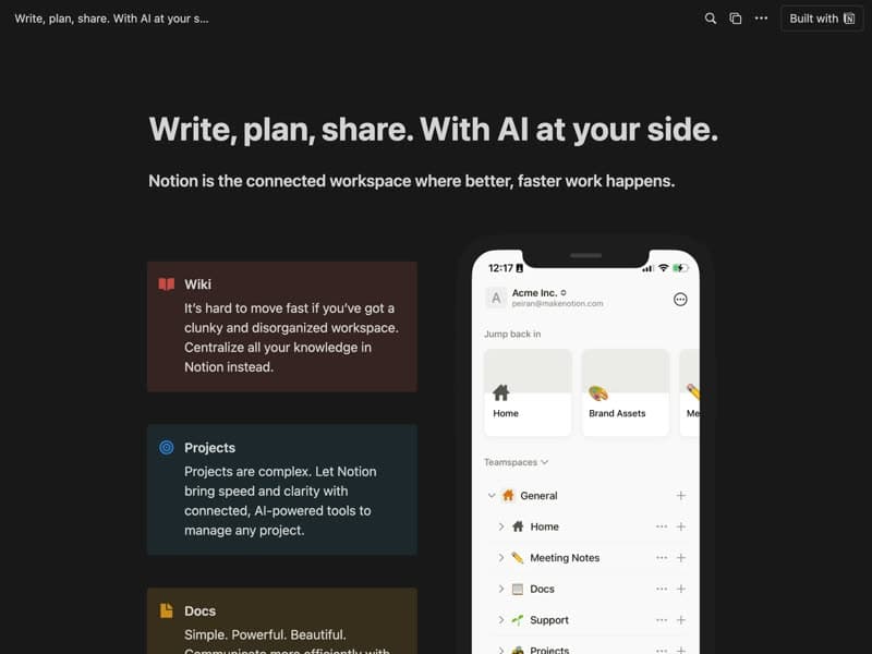 Preview of the Landing Page Notion template