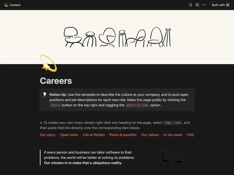 Preview of the Careers Page Notion template