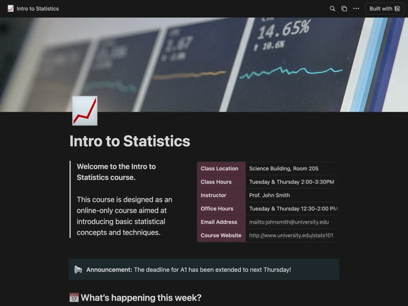 Preview of the Online Course Homepage Notion template