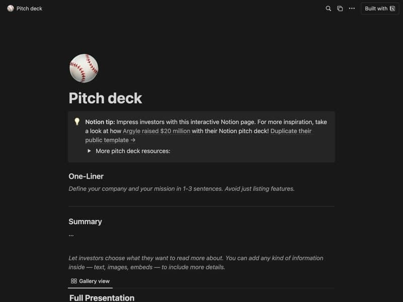 Preview of the Pitch Deck Notion template