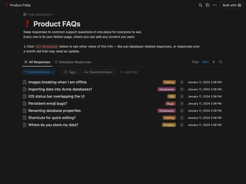 Preview of the Product FAQs Notion template