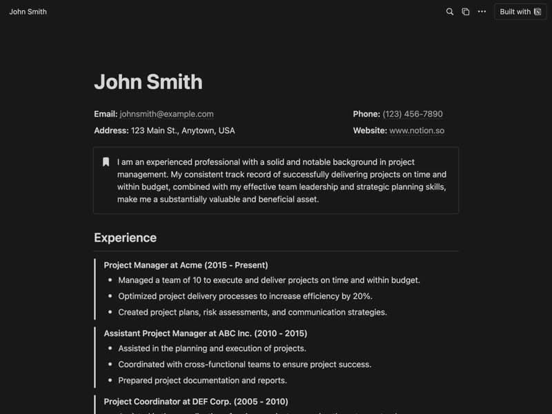 Preview of the Professional Resume Notion template