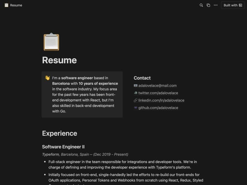 Preview of the Resume Notion template