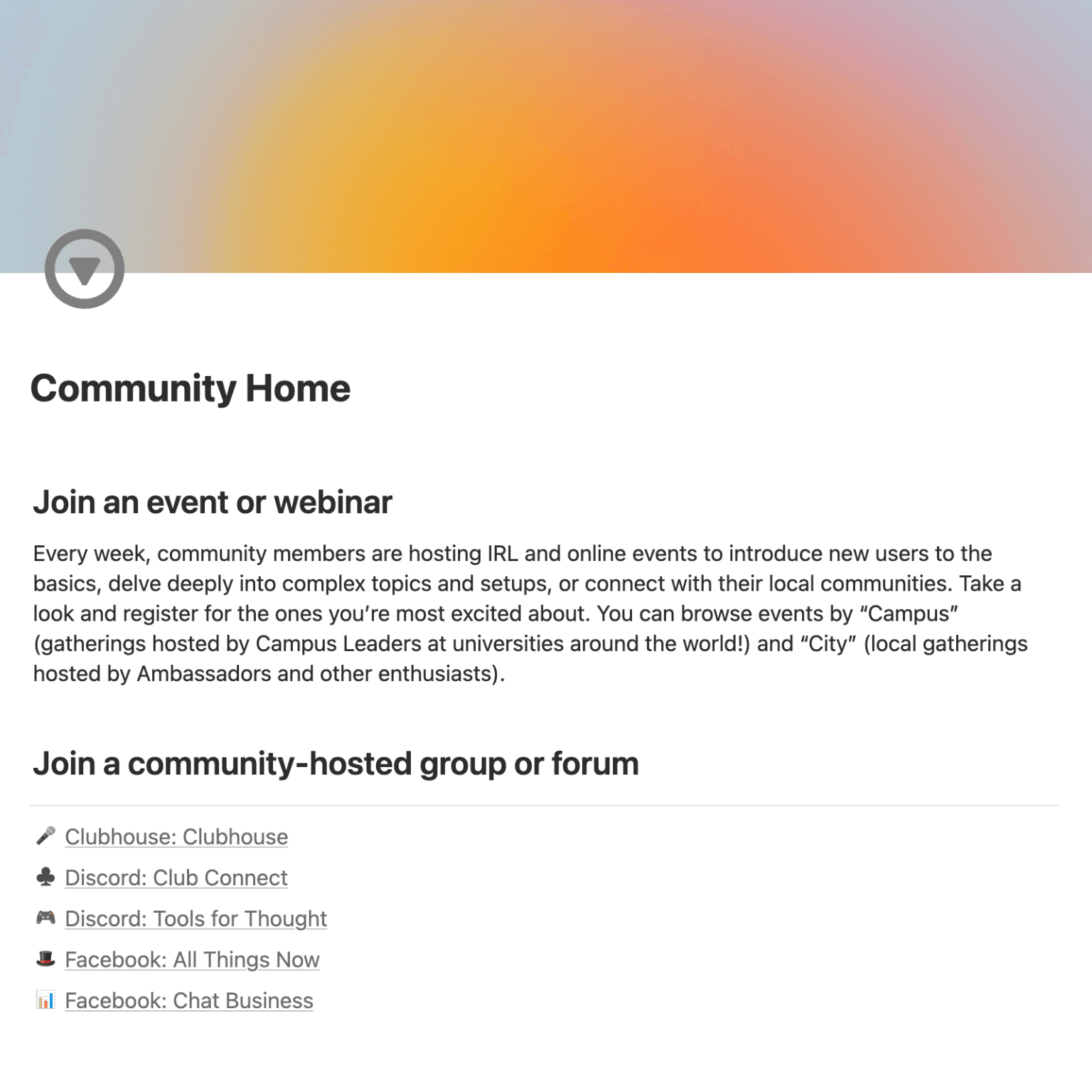 Example members-only community home published from Notion, listing weekly events and community-hosted groups